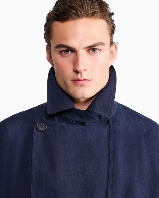 Giorgio Armani Blue Double-Breasted Washed Cupro Coat With A Belt Icon for men