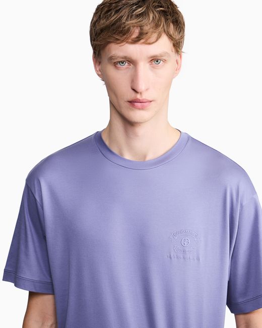 Giorgio Armani Blue Cotton And Modal T-Shirt With Embroidery for men