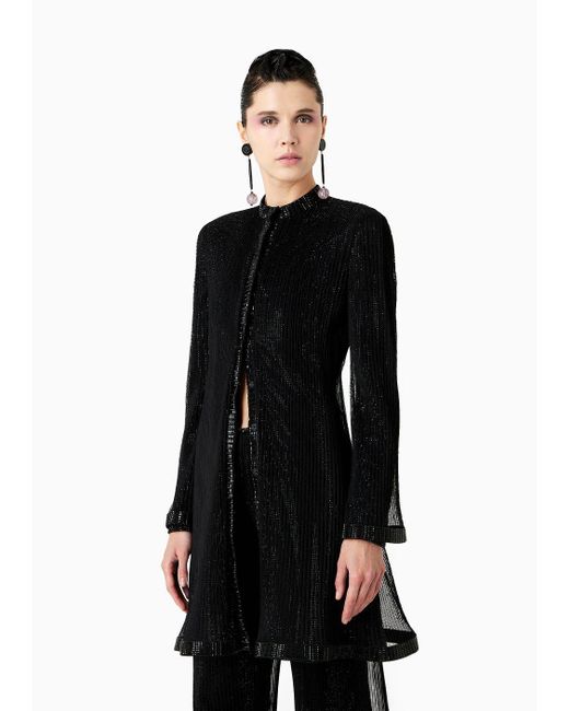 Giorgio Armani Black Long Jacket In Pleated Tulle With Crystal Embroidery