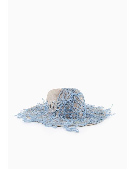 Chapeau À Large Bord En Papier Textile Avec Broderies Giorgio Armani en coloris Blue