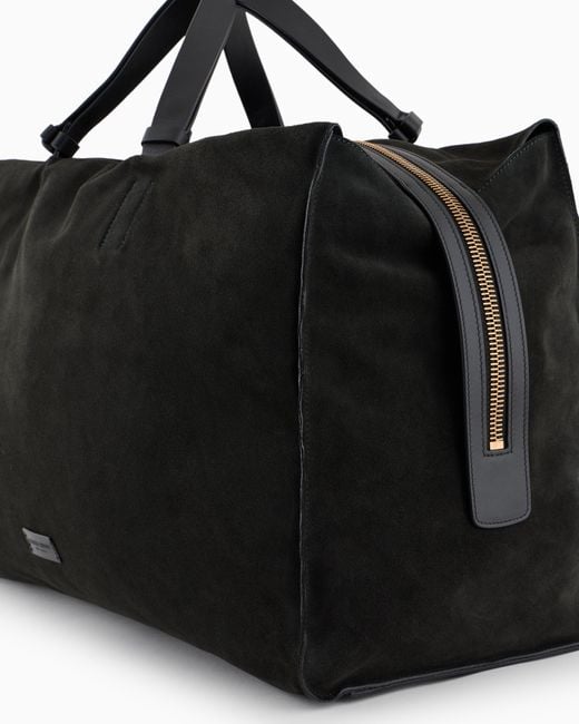 Giorgio Armani Black Suede Travel Duffel Bag With Leather Handles And Zipper for men