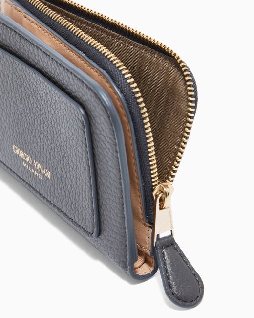 Giorgio Armani Gray Pebbled Bifold Wallet With A Zip Pocket