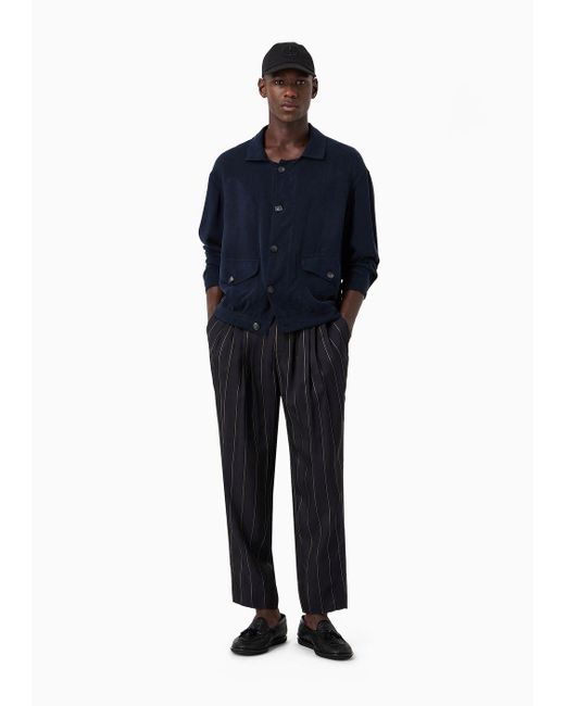 Pantaloni Con Pinces In Viscosa Gessato di Giorgio Armani in Blue da Uomo