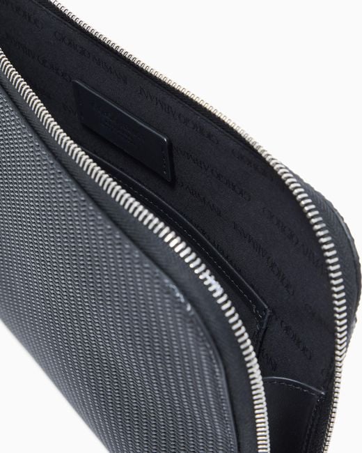 Giorgio Armani Black Leather Pouch With Wave Print And Wrist Strap for men