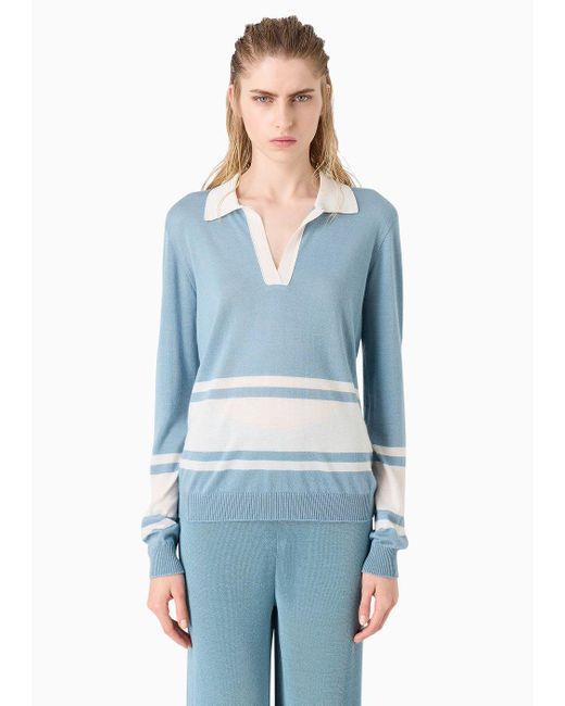 Giorgio Armani Blue Long-sleeved Cashmere And Silk Polo Shirt