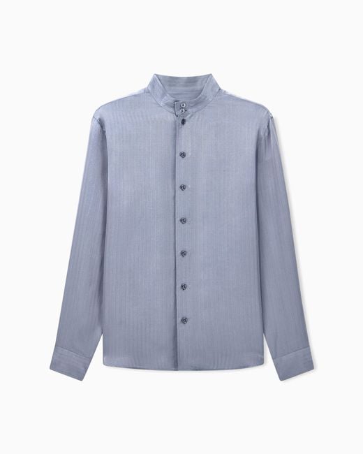 Giorgio Armani Blue Shirt Regular Fit Viscose Silk Chevron Jacquard Iridescent for men