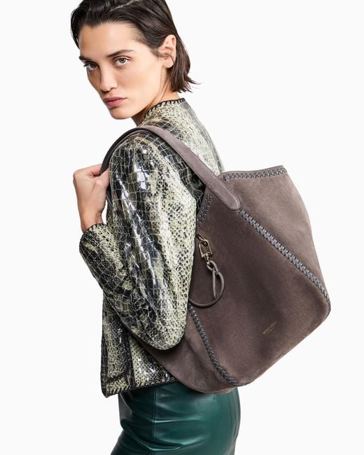 Giorgio Armani Gray Medium Suede Handbag With Threading