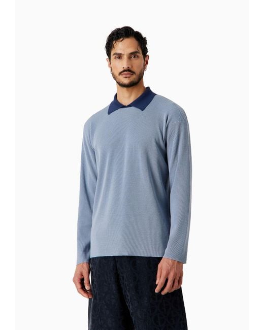 Giorgio Armani Blue Ribbed Virgin Wool And Cashmere Knitted Polo Shirt for men