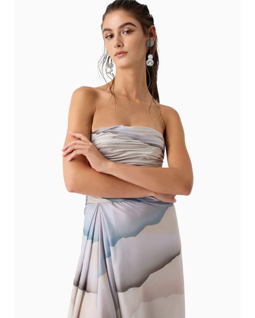 Giorgio Armani White Asv Printed Silk Habotai Long Bustier Dress