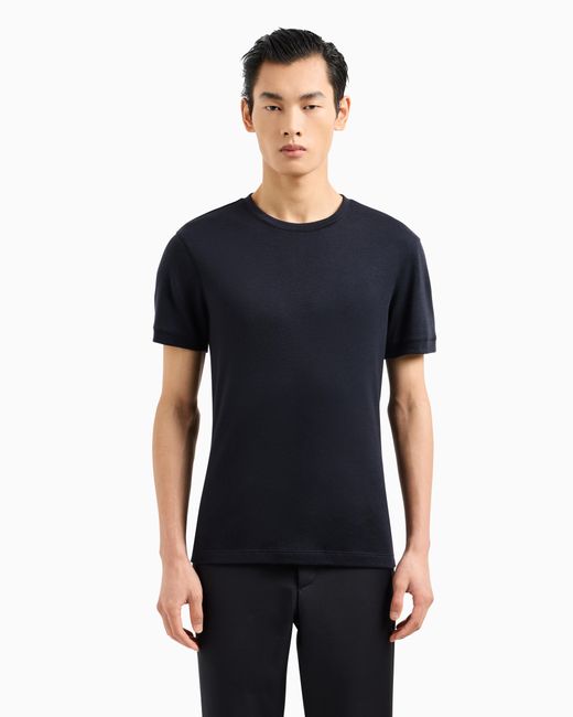 Giorgio Armani Blue Short Cashmere Jumper With Topstitched Crew Neck Icon for men