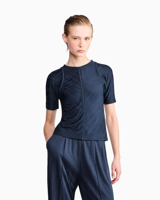 Giorgio Armani Blue Jumper Slim-Fit Jacquard Viscose T-Shirt With Tank Effect