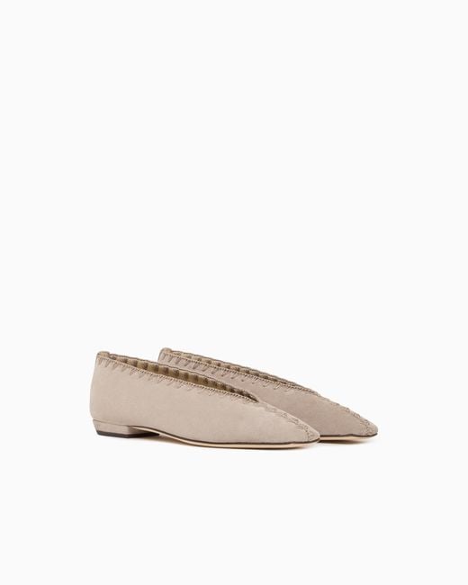 Giorgio Armani White Suede Ballerinas With Embroidery