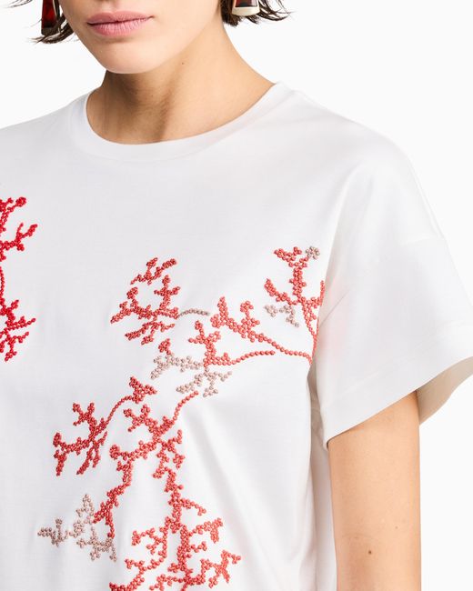 Giorgio Armani White Silk And Cotton Interlock T-Shirt With Coral Embroidery