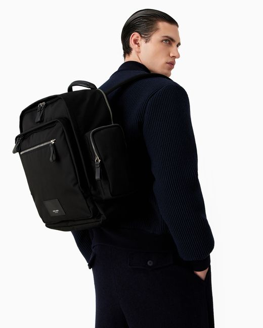 Giorgio Armani Black Nylon Backpack With Leather Details for men