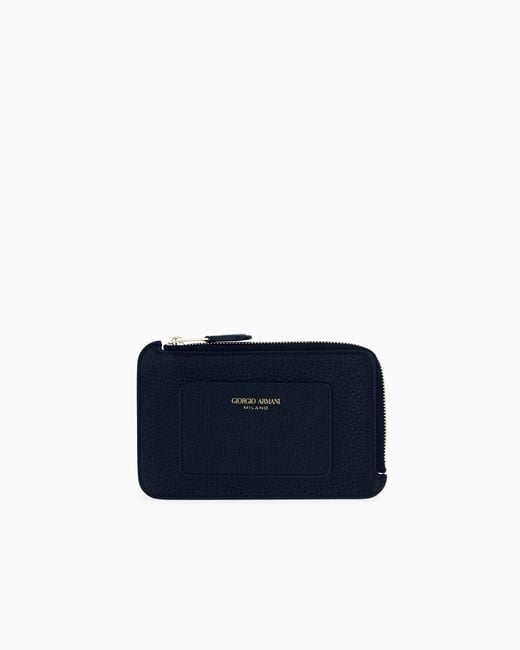 Giorgio Armani Blue Half Zip-Around Granulated Leather Wallet With Logo Pocket