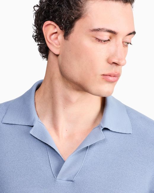 Giorgio Armani Blue Knit Polo Regular Fit Honeycomb Stitch Virgin Wool for men