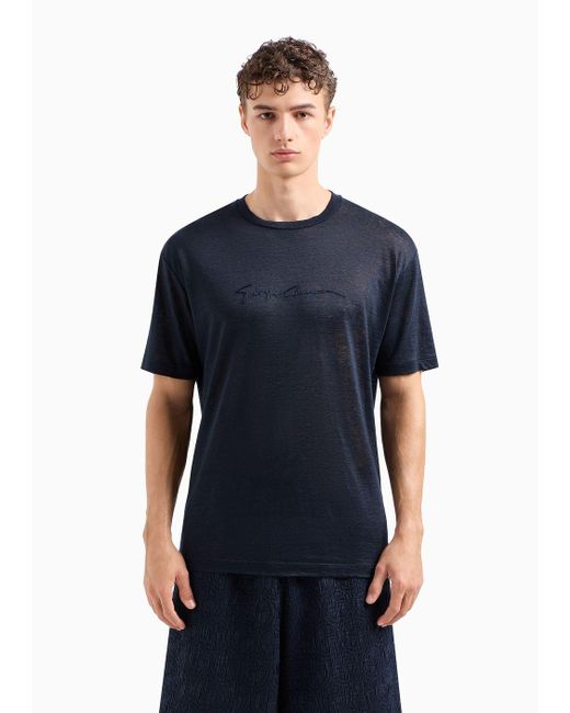 Giorgio Armani Blue Linen Jersey Crew-neck T-shirt With Signature Logo for men