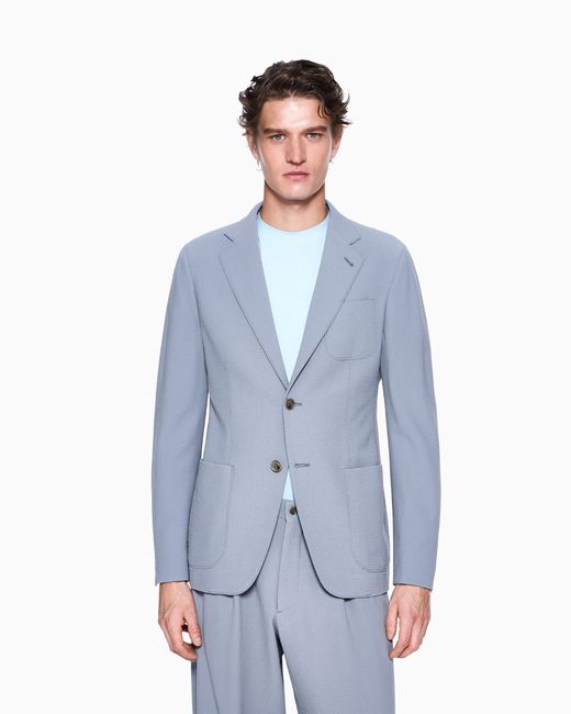 Giorgio Armani Blue Single-Breasted Virgin Wool Seersucker Jacket for men