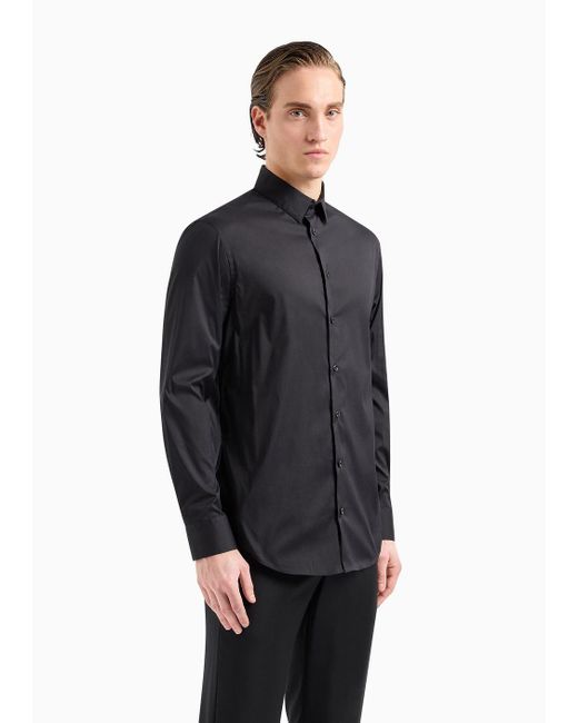 Camisa De Tejido Liso Elástico De Algodón Giorgio Armani de hombre de color Black