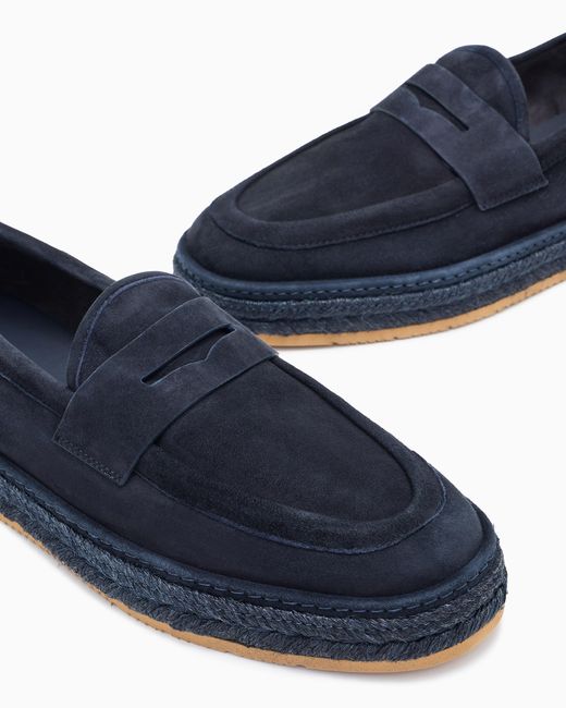 Giorgio Armani Blue Suede Loafers With A Rope Sole for men