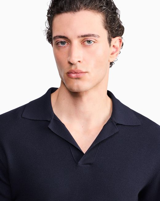 Giorgio Armani Blue Knit Polo Regular Fit Honeycomb Stitch Virgin Wool for men