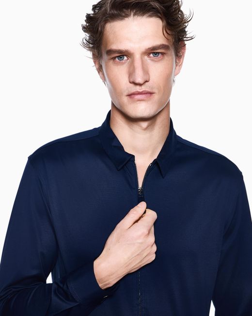 Giorgio Armani Blue Zip-Up Cotton Jersey Shirt With Snap-Button Cuffs for men