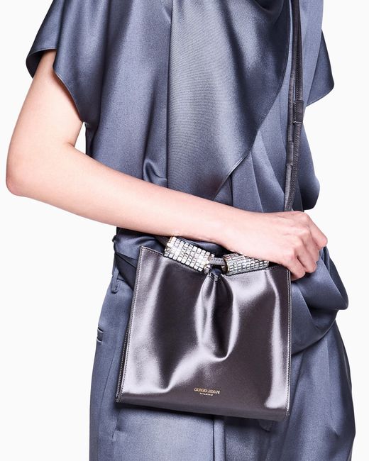 Giorgio Armani Gray Satin Shoulder Bag With Rhinestone Detail