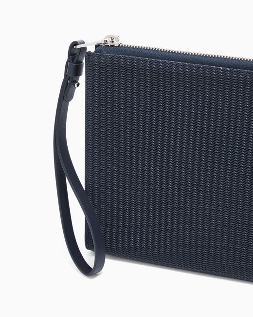 Giorgio Armani Blue Leather Pouch With Wave Print And Wrist Strap for men
