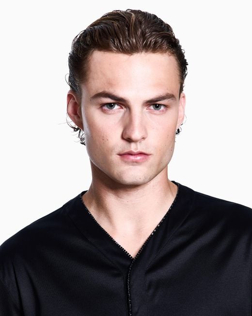 Giorgio Armani Blue Cotton Shirt With Rhinestone Detail for men