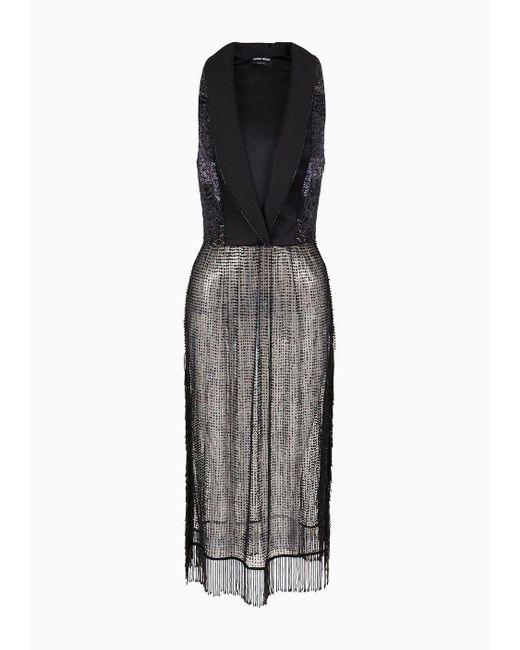 Giorgio Armani Black Dress With Lapels And Embroidered Skirt