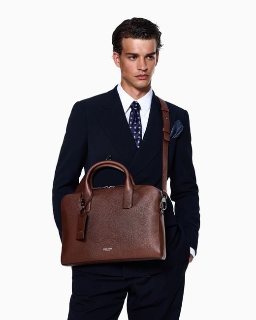 Giorgio Armani Brown Pebbled Leather Briefcase for men