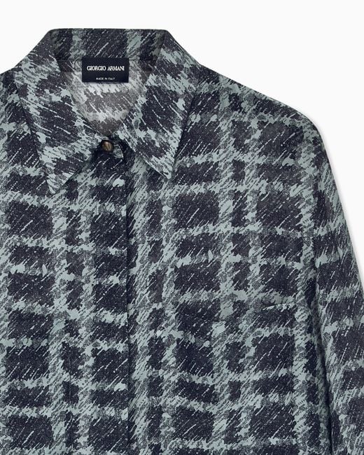 Giorgio Armani Blue Shirt Regular Fit Check Silk Chiffon With Patch Pockets