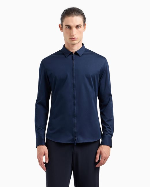 Giorgio Armani Blue Cotton-Jersey Zipped Shirt for men