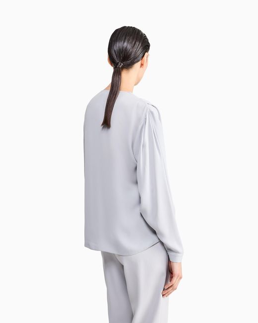 Giorgio Armani Blue Blouse Triple Silk Georgette Collarless With Pleats