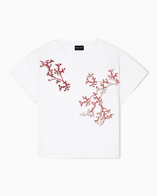 Giorgio Armani White Silk And Cotton Interlock T-Shirt With Coral Embroidery