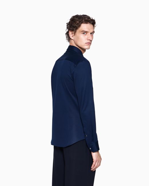 Giorgio Armani Blue Zip-Up Cotton Jersey Shirt With Snap-Button Cuffs for men