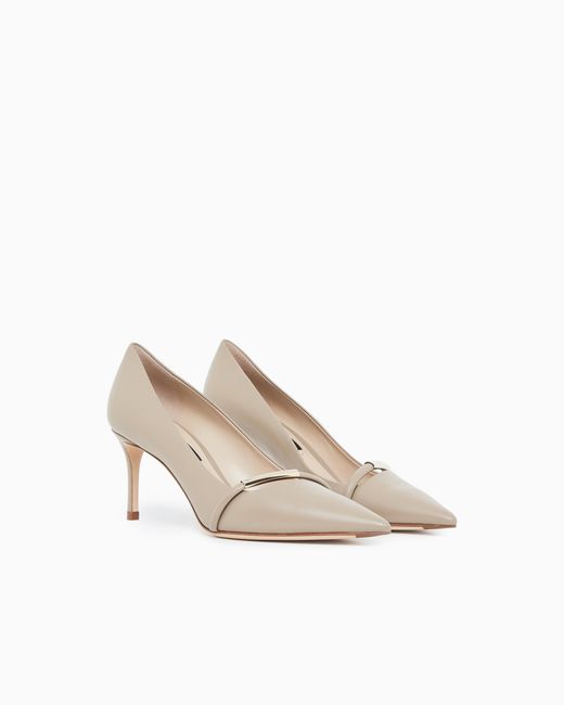 Giorgio Armani White Pointed Leather Pumps With Metallic Strap