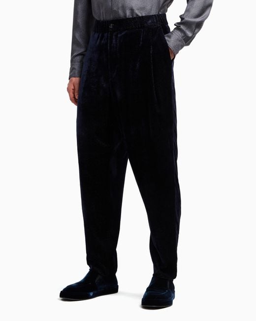 Giorgio Armani Blue Giorgio's Single-Pleat Velvet Trousers With A Diagonal Print for men