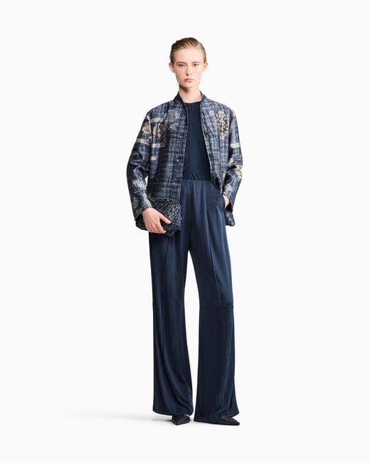 Giorgio Armani Blue Jumper Slim-Fit Jacquard Viscose T-Shirt With Tank Effect