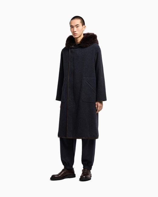 Giorgio Armani Blue Cashmere And Wool Long Coat With Hood for men