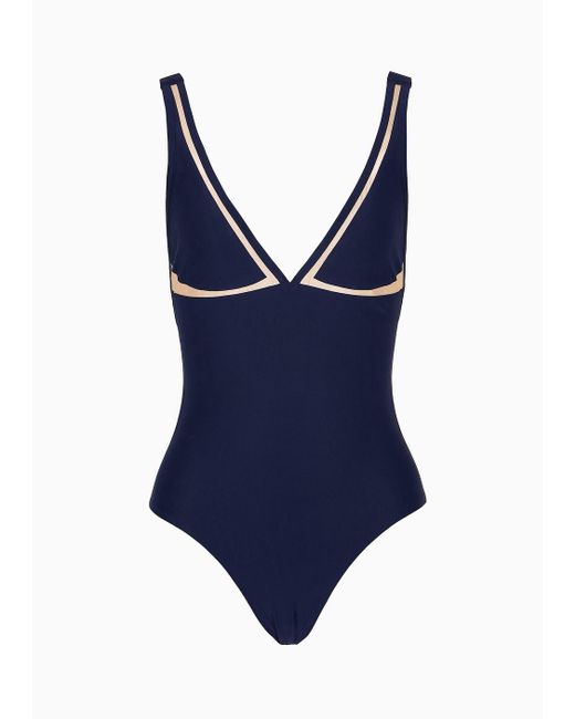 Giorgio Armani Blue One-piece Swimsuit With Tulle Details