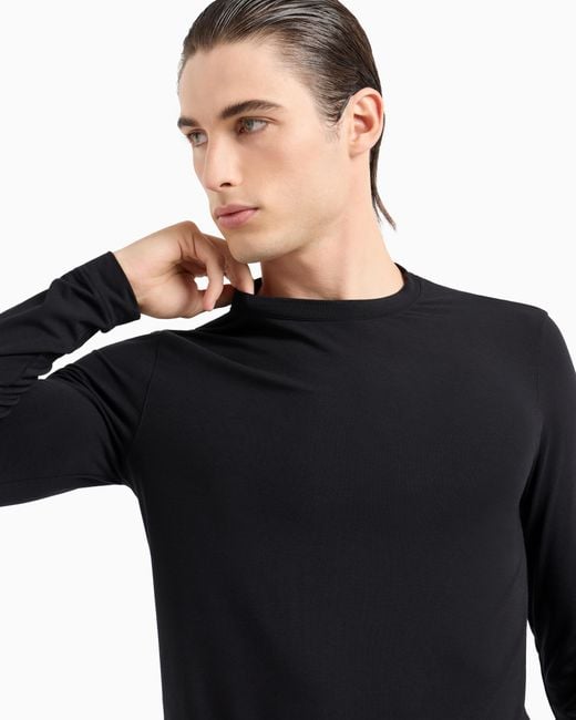 Giorgio Armani Blue Stretch Viscose Jersey Jumper With Crew Neck And Long Sleeves for men