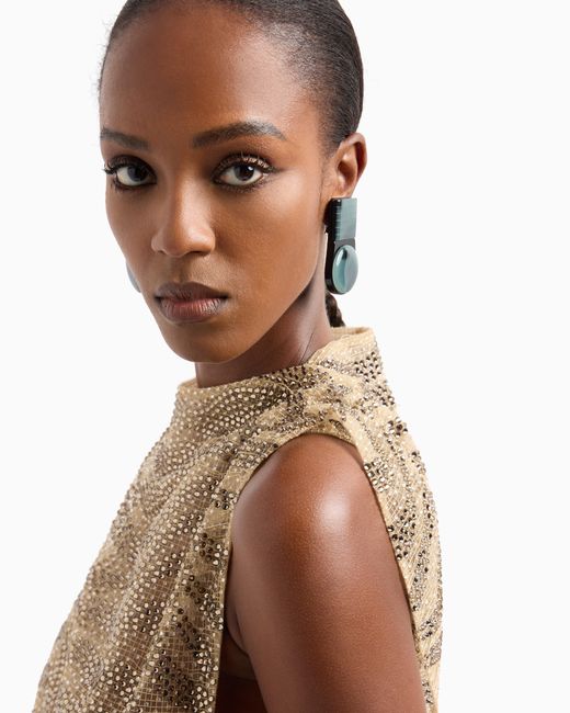 Giorgio Armani Natural Mesh And Lurex Top With Rhinestone Embroidery