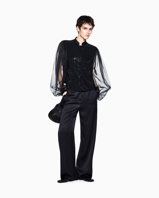 Giorgio Armani Blue Embroidered Trouser Sera Regular Fit Satin Rhinestone Trim