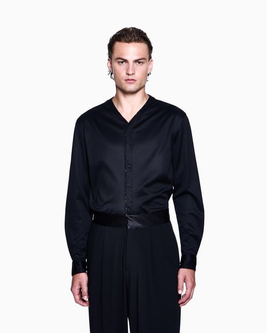 Giorgio Armani Blue Cotton Shirt With Rhinestone Detail for men