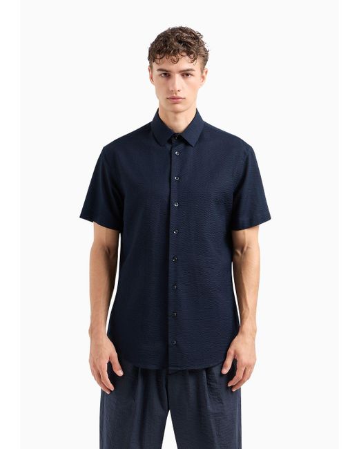 Camicia Regular Fit A Maniche Corte In Cotone Seersucker di Giorgio Armani in Blue da Uomo