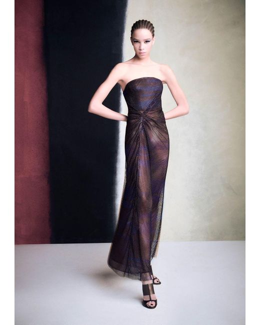 Giorgio Armani Purple Printed Bodice Long Dress With All-over Decorative Crystals