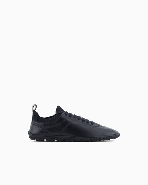 Giorgio Armani Blue Leather Sneaker With Knit Detail And Foldable Upper for men