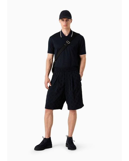 Giorgio Armani Black Short-sleeved Polo Shirt In Silk, Linen And Cotton Jersey for men