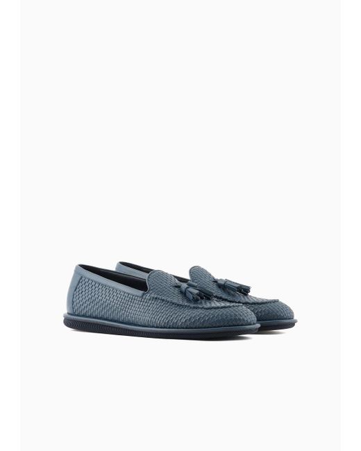 Giorgio Armani Blue Woven Nappa Leather Loafers With Tassels for men